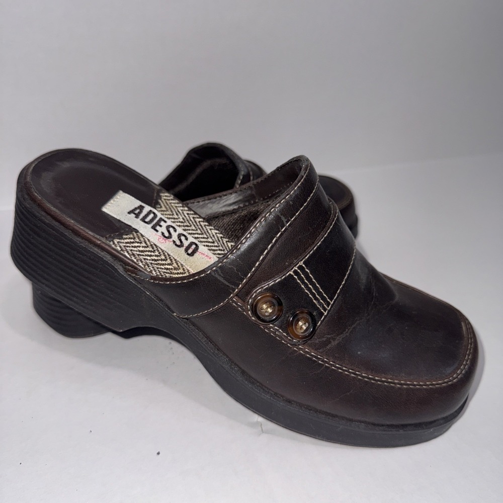 VTG Adesso Brown Y2K Chunky Gorpcore Faux Leather Wedge Mule Clogs Size‎ 8 READ